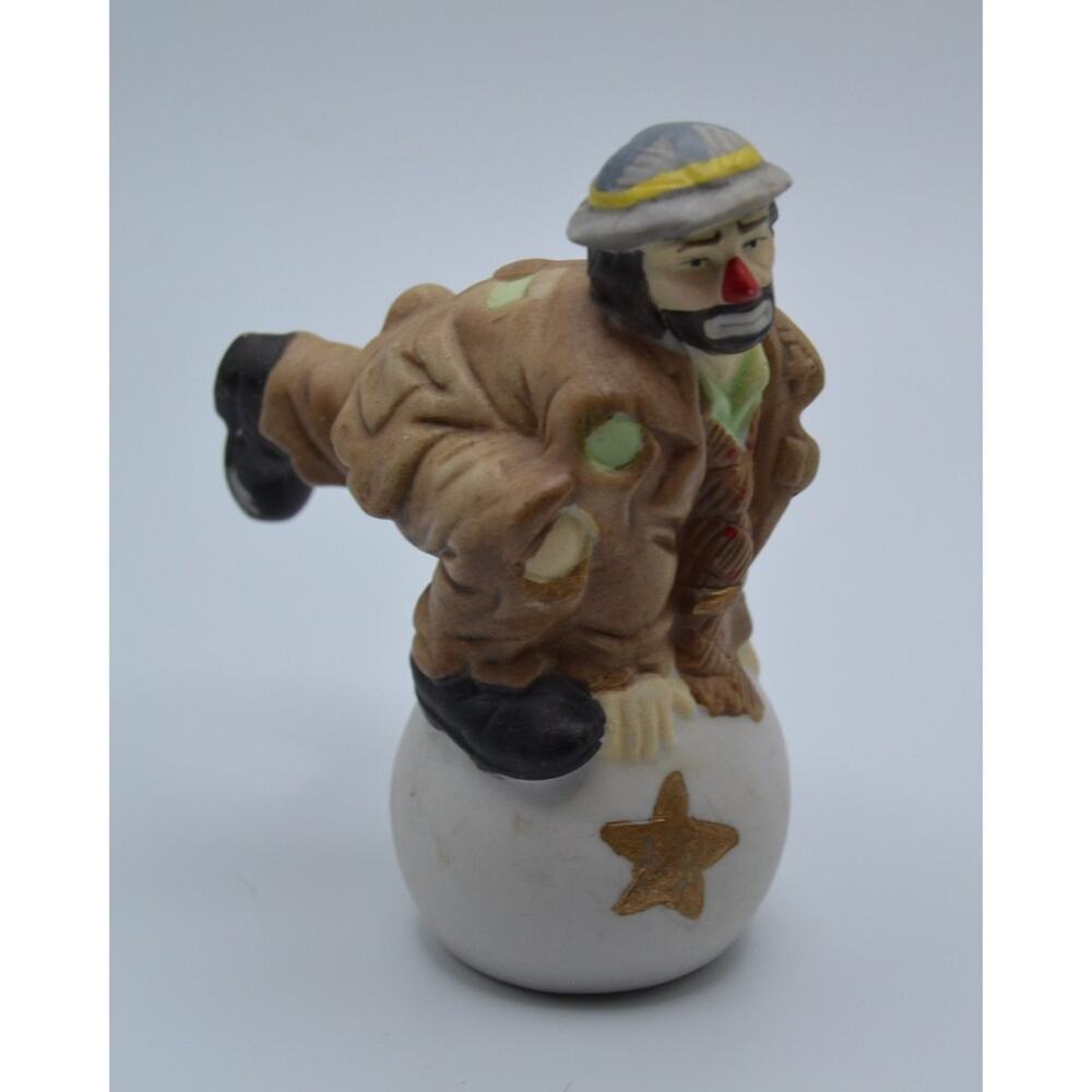 Flambro Porcelain Emmett Kelly Jr Clown Hobo Clown Balancing on a Ball Figurine